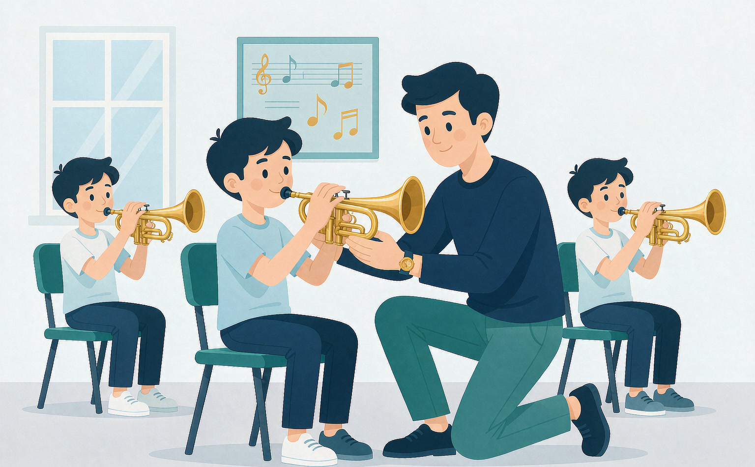 老师手把手教学生坐姿与持号