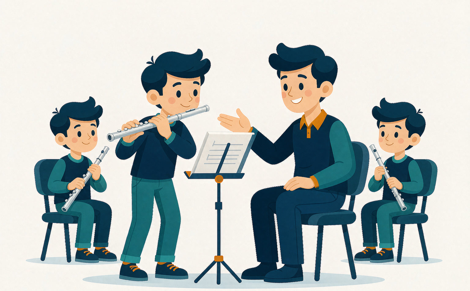 学生看谱演奏长笛,老师在旁指导